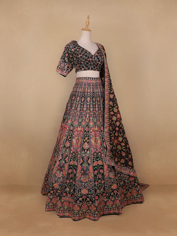 Black Floral Embroidered Semi Silk Lehenga for Brides - Diadem