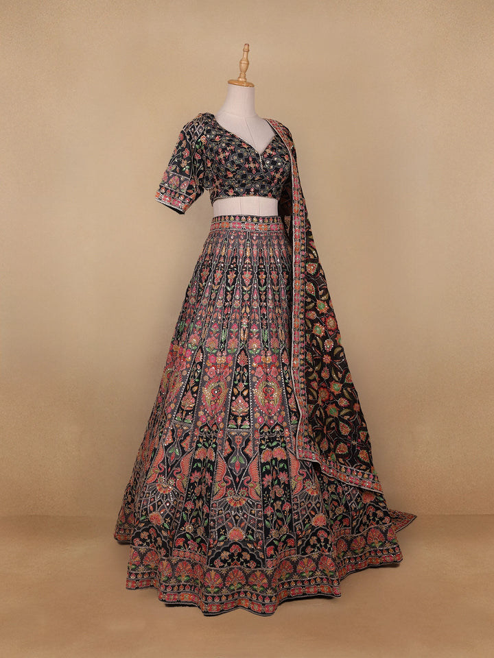 Black Floral Embroidered Semi Silk Lehenga for Brides - Diadem