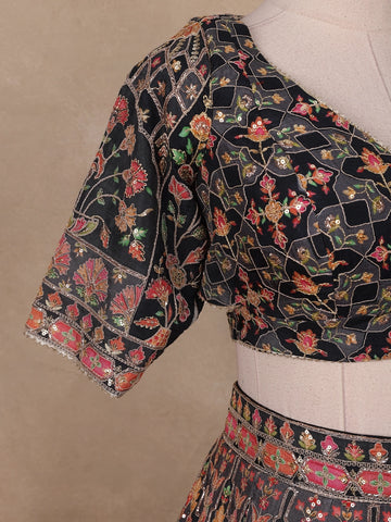 Black Floral Embroidered Semi Silk Lehenga for Brides - Diadem