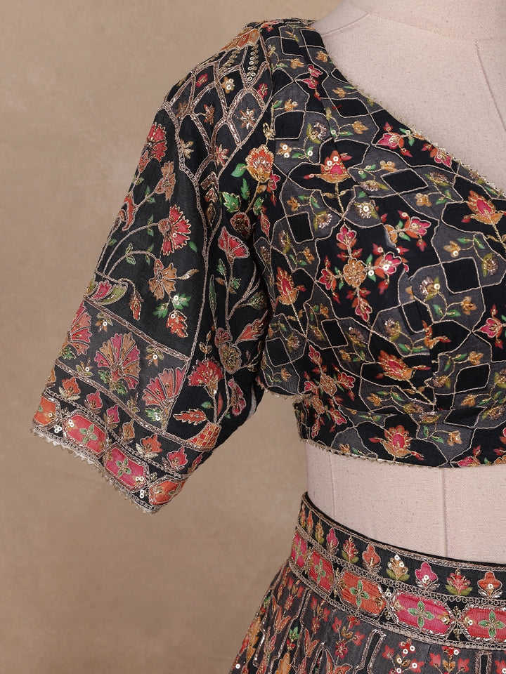 Black Floral Embroidered Semi Silk Lehenga for Brides - Diadem