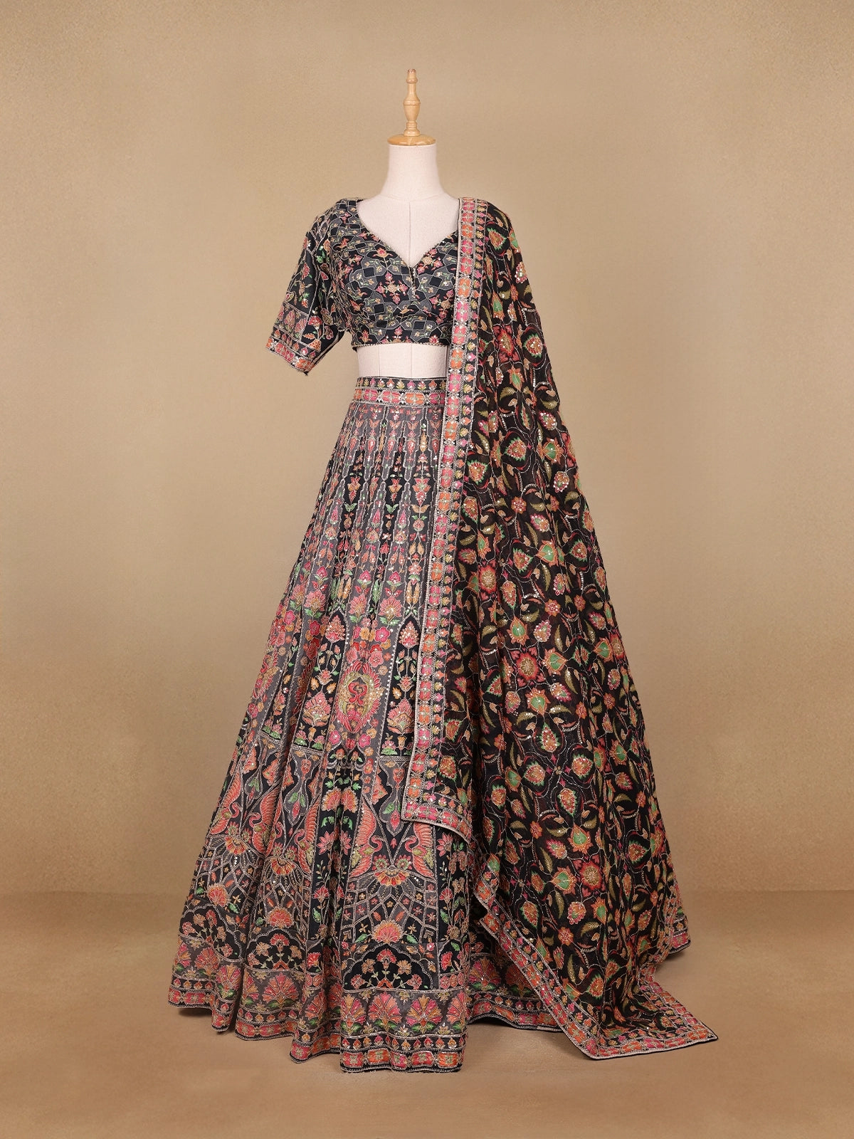 Black Floral Embroidered Semi Silk Lehenga for Brides - Diadem