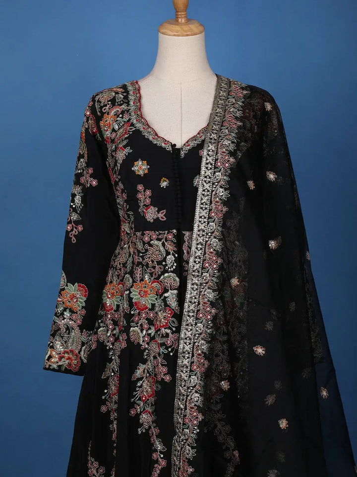 Black Floral Embroidered Semi Silk Palazzo Salwar Suit - Diadem