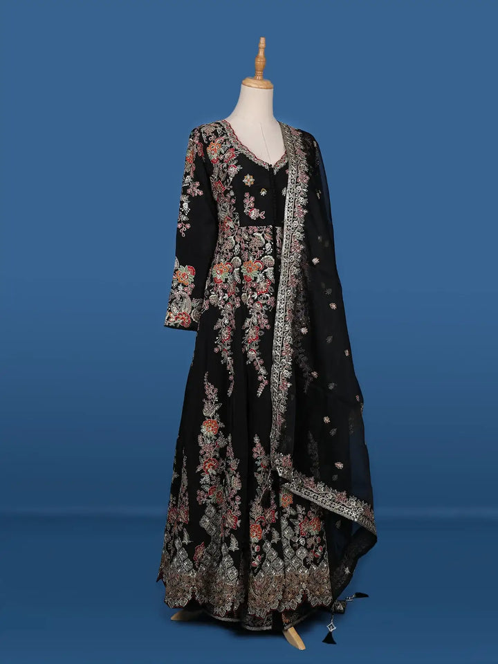 Black Floral Embroidered Semi Silk Palazzo Salwar Suit - Diadem