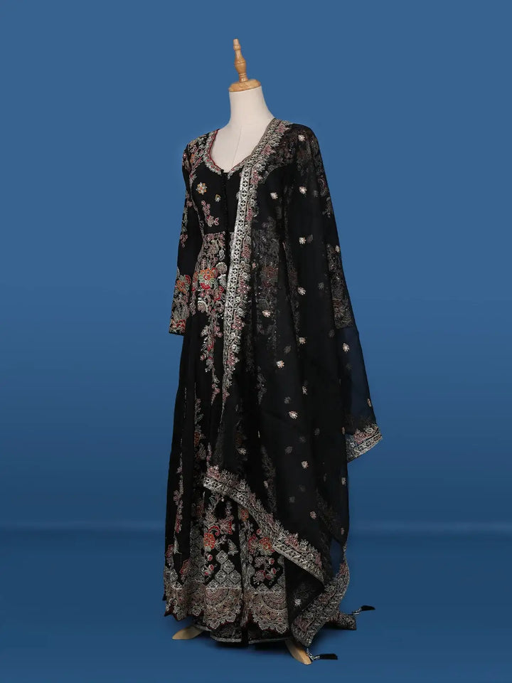 Black Floral Embroidered Semi Silk Palazzo Salwar Suit - Diadem