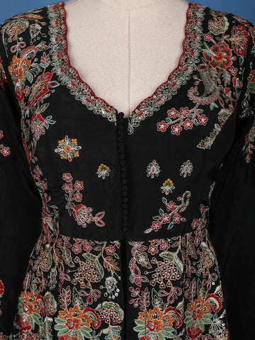 Black Floral Embroidered Semi Silk Palazzo Salwar Suit - Diadem