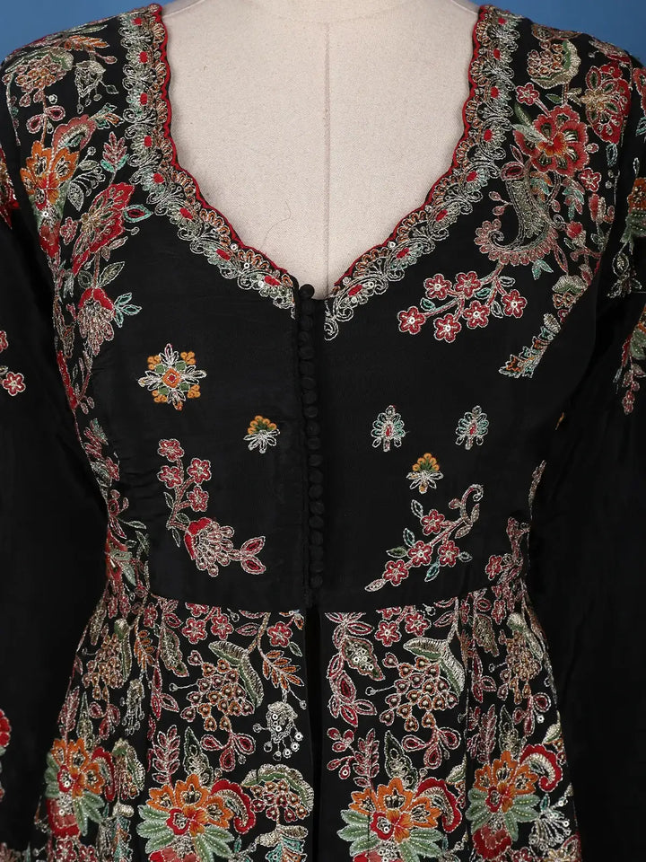 Black Floral Embroidered Semi Silk Palazzo Salwar Suit - Diadem