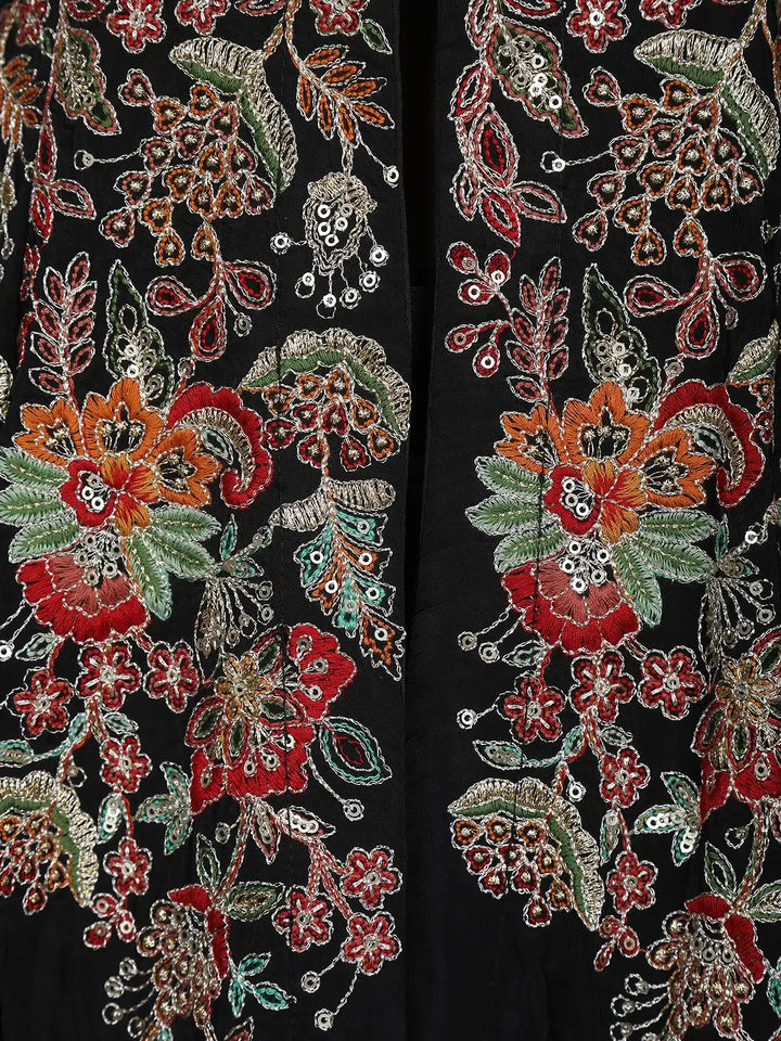 Black Floral Embroidered Semi Silk Palazzo Salwar Suit - Diadem