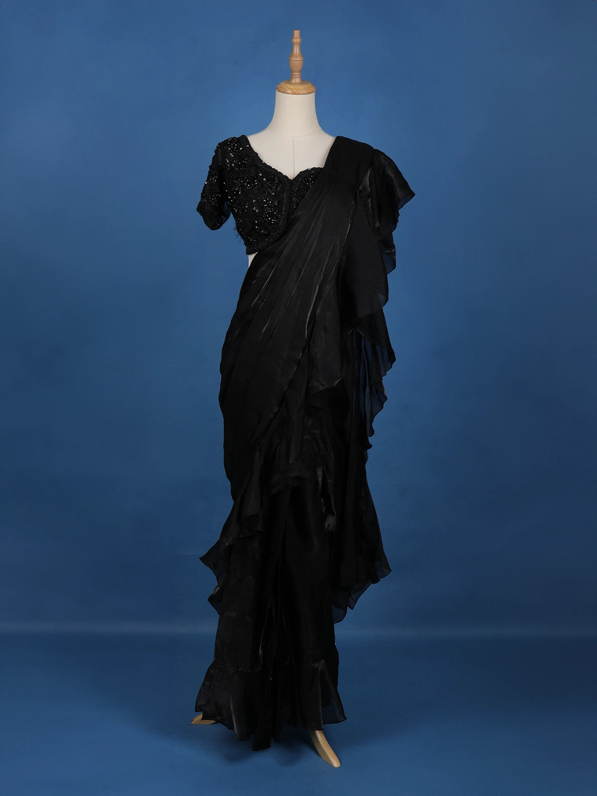 Black Floral Embroidery Organza Ready To Wear Saree with Designer Blouse - Diadem