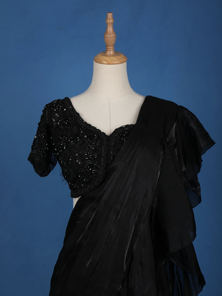 Black Floral Embroidery Organza Ready To Wear Saree with Designer Blouse - Diadem
