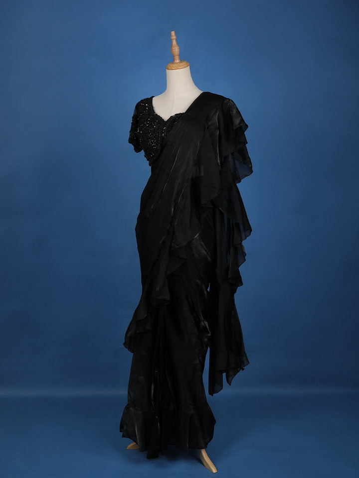 Black Floral Embroidery Organza Ready To Wear Saree with Designer Blouse - Diadem