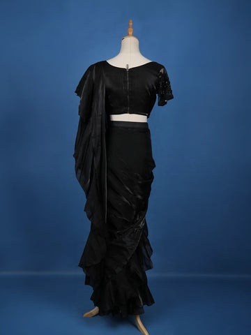 Black Floral Embroidery Organza Ready To Wear Saree with Designer Blouse - Diadem
