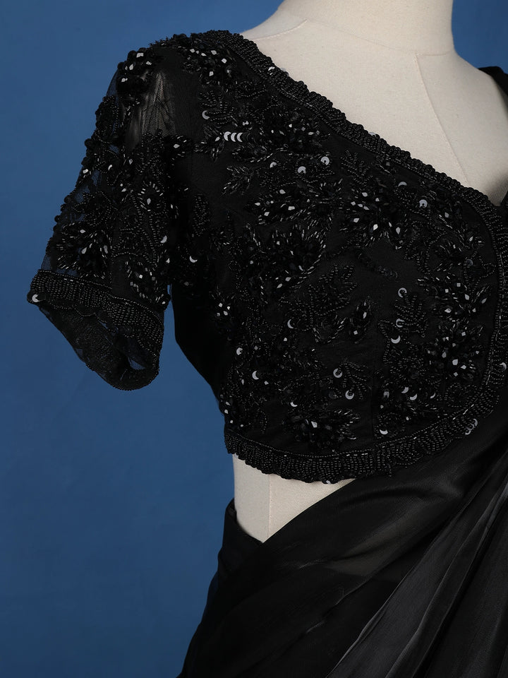 Black Floral Embroidery Organza Ready To Wear Saree with Designer Blouse - Diadem