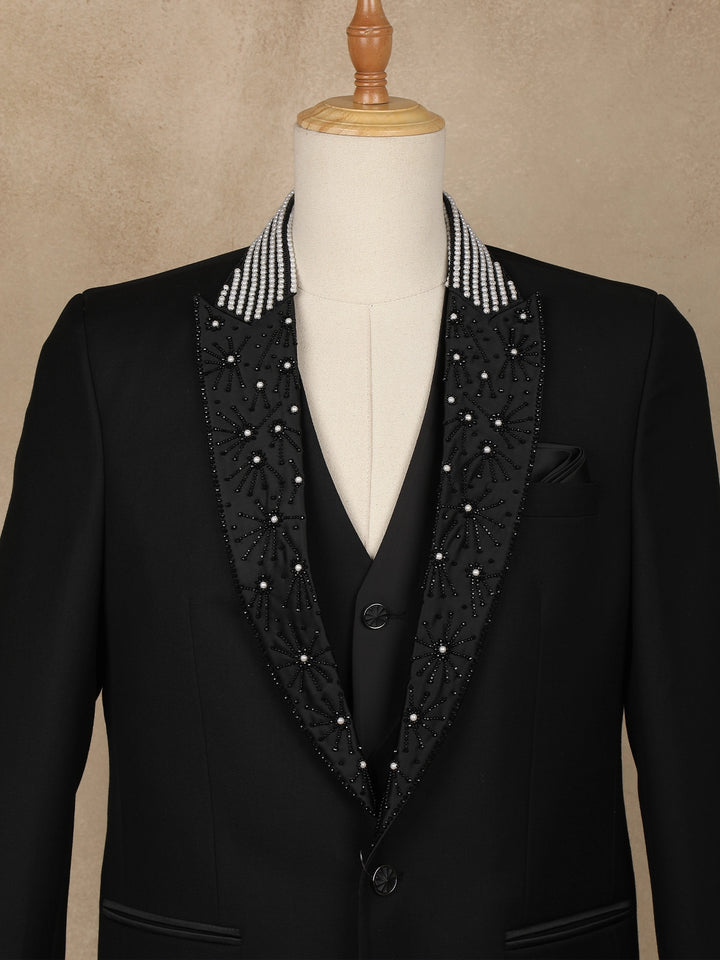 Black Floral Embroidery Rayon Men's Suit - Diadem