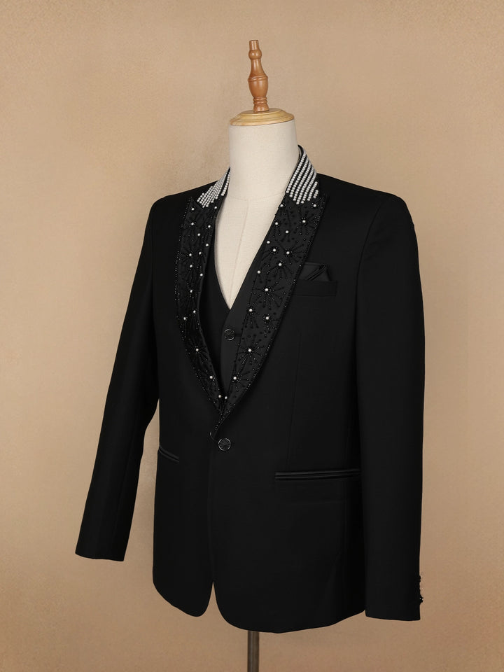 Black Floral Embroidery Rayon Men's Suit - Diadem