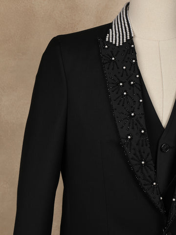 Black Floral Embroidery Rayon Men's Suit - Diadem