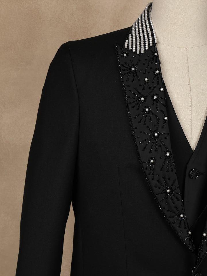 Black Floral Embroidery Rayon Men's Suit - Diadem