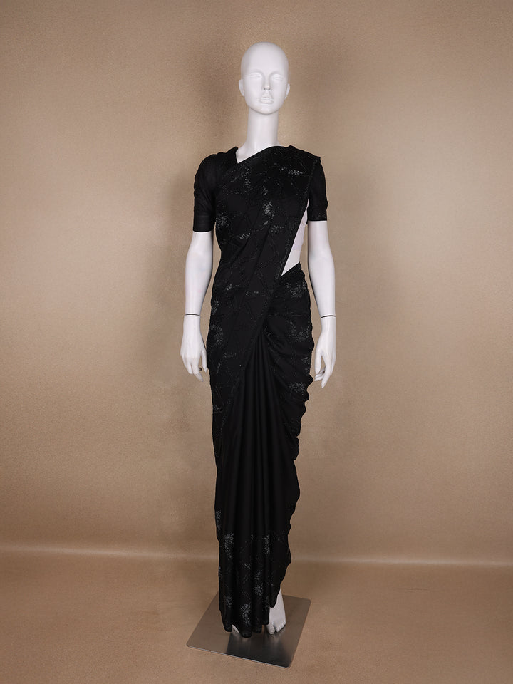 Black Solid Design Stone Worked Satin Fancy Saree - Diadem