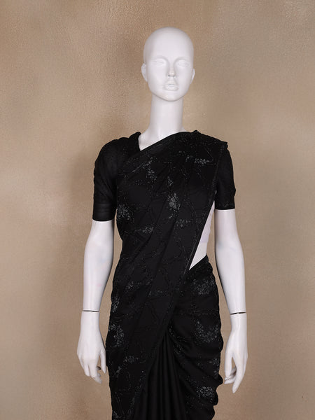 Black Solid Design Stone Worked Satin Fancy Saree - Diadem