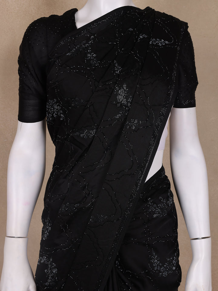 Black Solid Design Stone Worked Satin Fancy Saree - Diadem