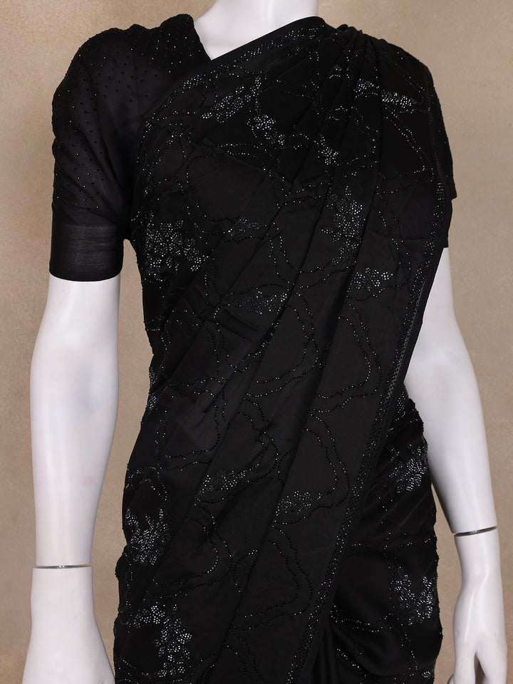 Black Solid Design Stone Worked Satin Fancy Saree - Diadem
