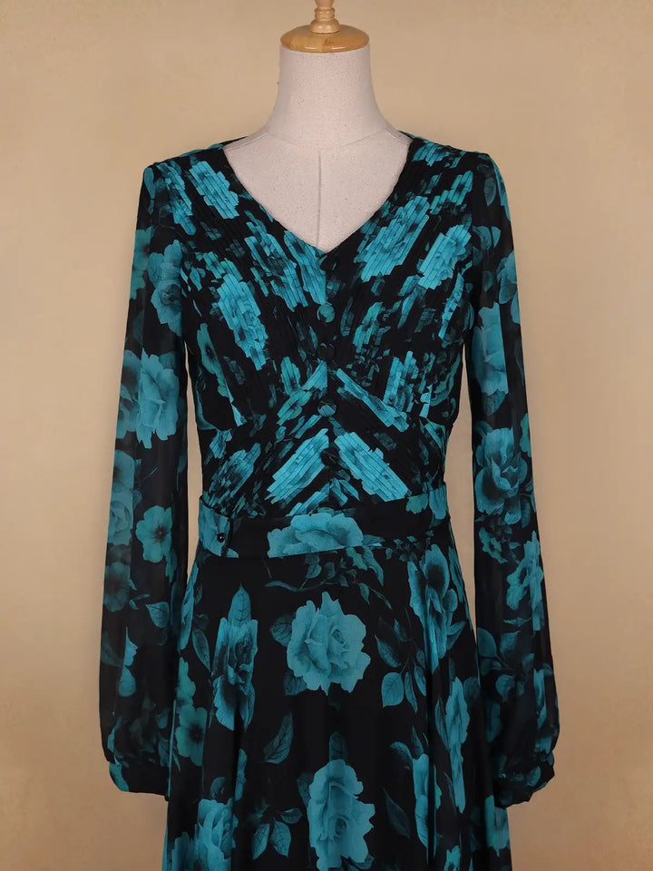 Black Floral Print Chiffon Partywear Gown - Diadem