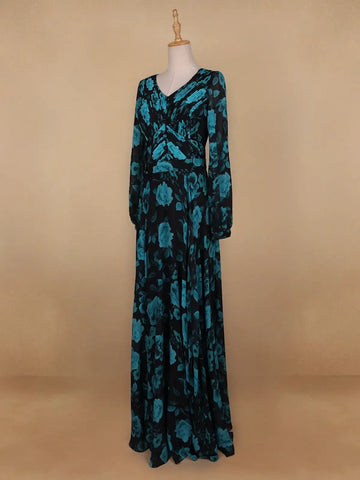 Black Floral Print Chiffon Partywear Gown - Diadem