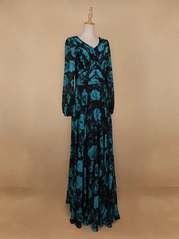 Black Floral Print Chiffon Partywear Gown - Diadem