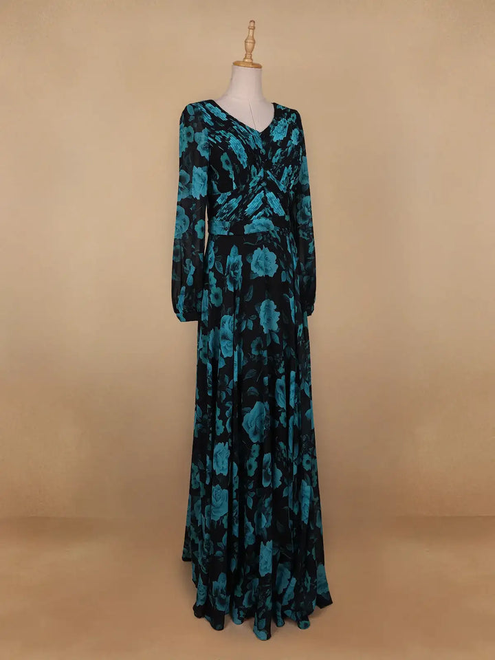 Black Floral Print Chiffon Partywear Gown - Diadem