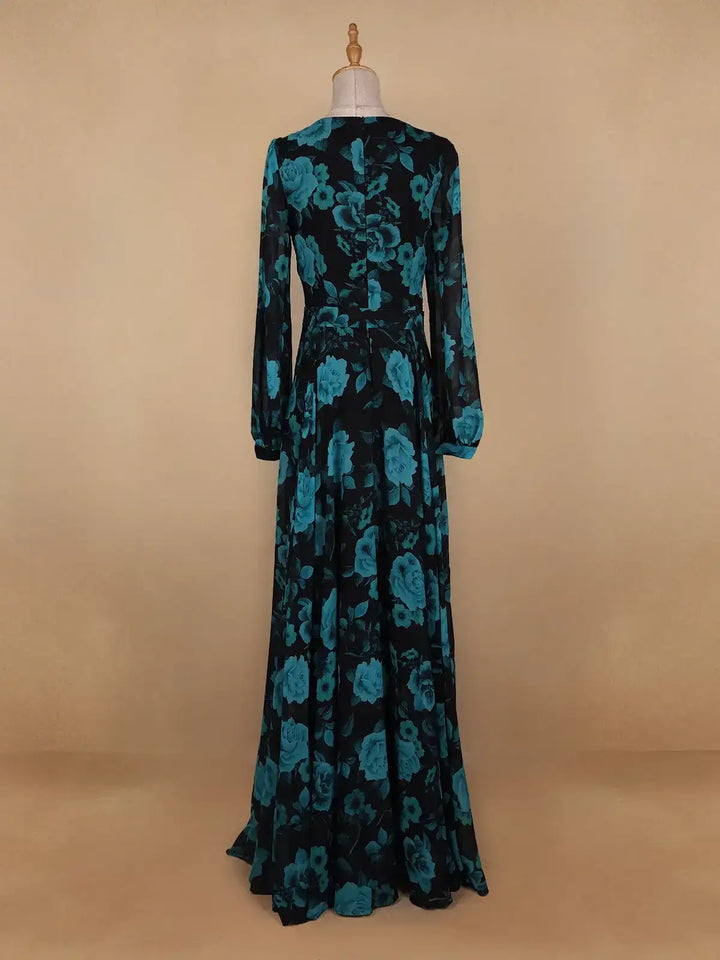Black Floral Print Chiffon Partywear Gown - Diadem