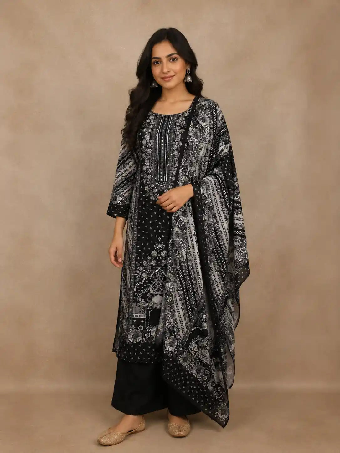 Black Floral Print Design Cotton Straight Cut Salwar Suit