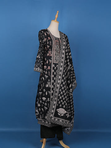 Black Floral Printed Cotton Salwar Suit - Diadem