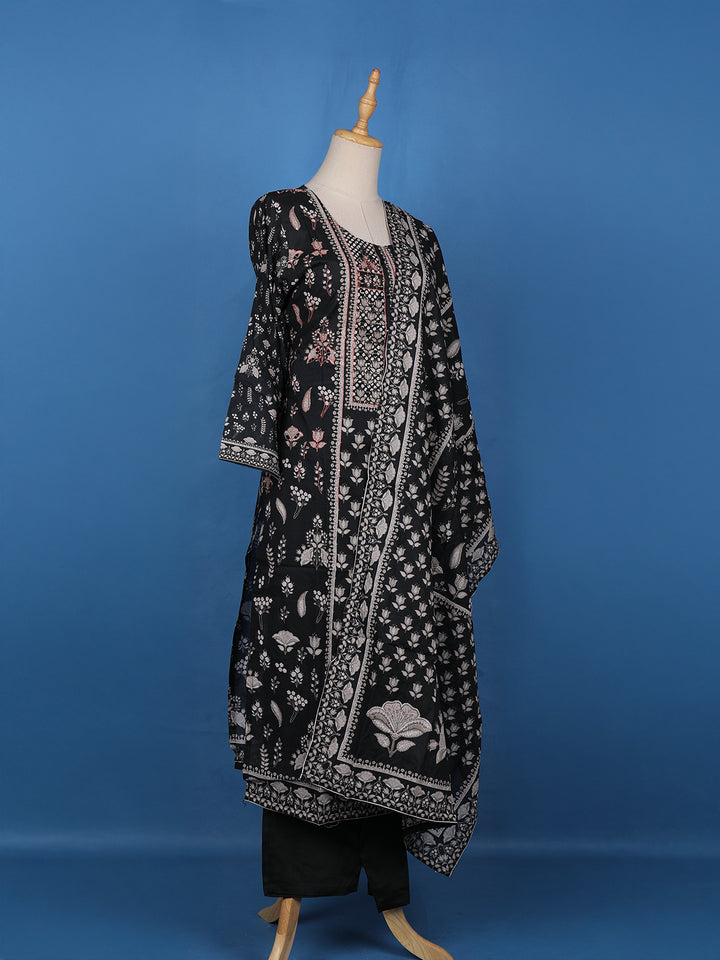 Black Floral Printed Cotton Salwar Suit - Diadem