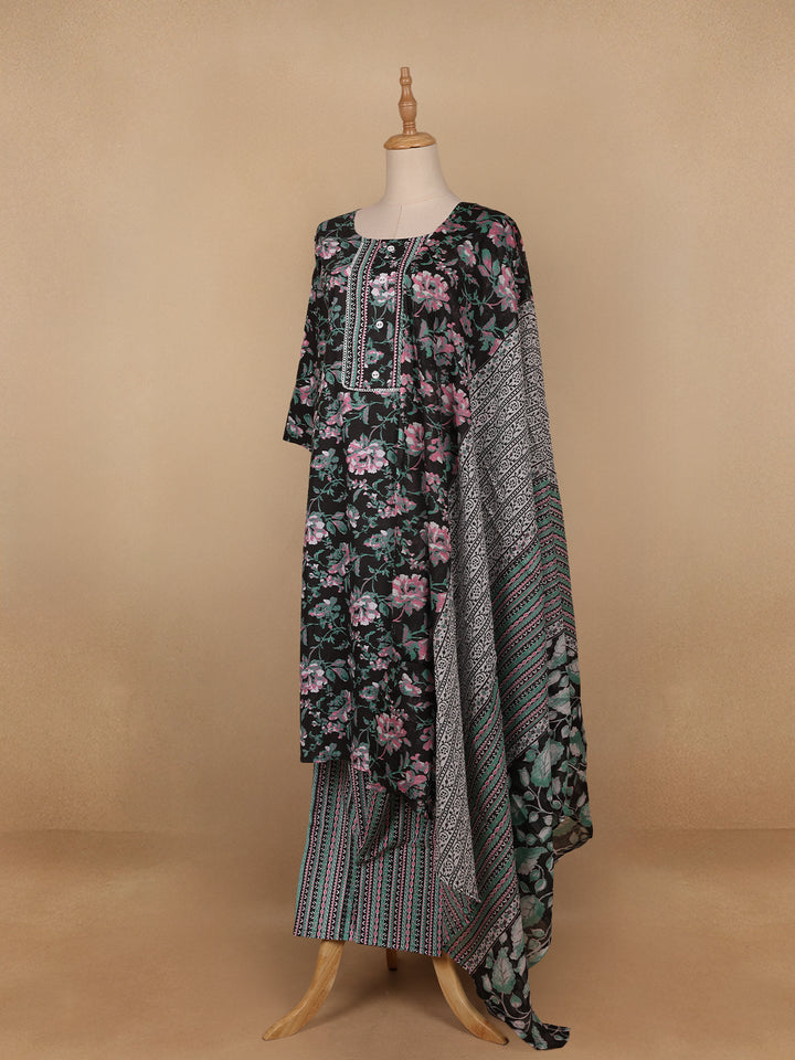 Black Floral Printed Cotton Salwar Suit - Diadem