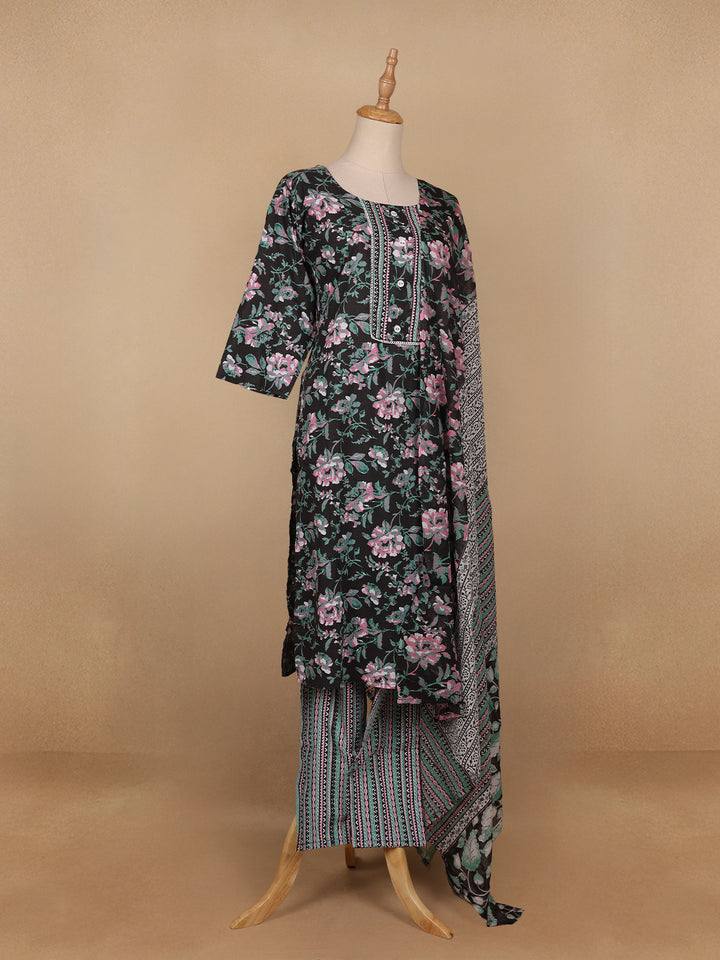 Black Floral Printed Cotton Salwar Suit - Diadem