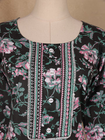 Black Floral Printed Cotton Salwar Suit - Diadem