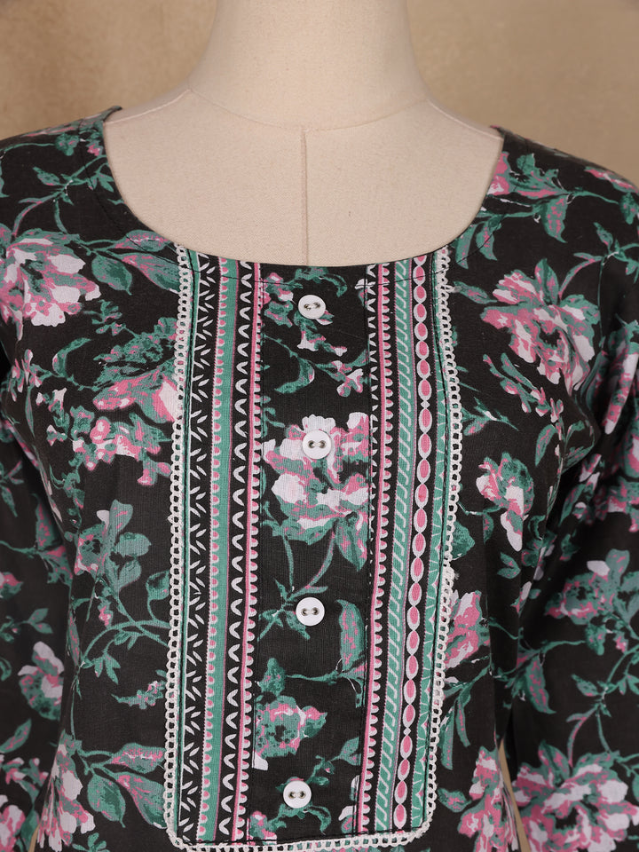 Black Floral Printed Cotton Salwar Suit - Diadem