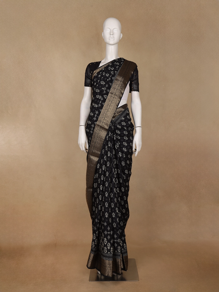 Black Floral Printed Cotton Saree - Diadem