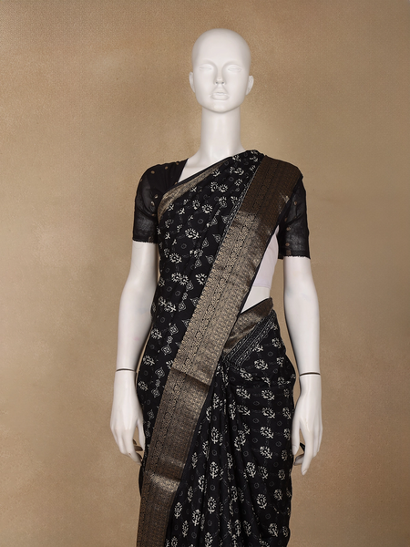 Black Floral Printed Cotton Saree - Diadem
