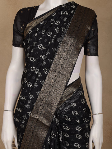 Black Floral Printed Cotton Saree - Diadem