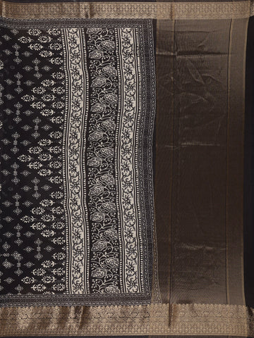 Black Floral Printed Cotton Saree - Diadem