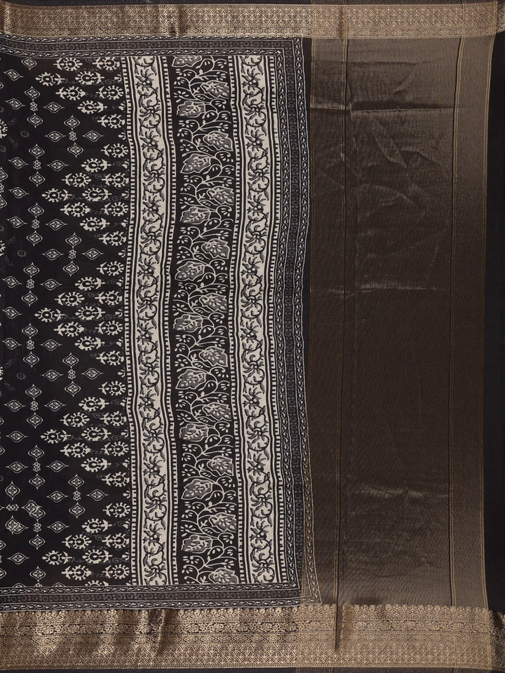 Black Floral Printed Cotton Saree - Diadem