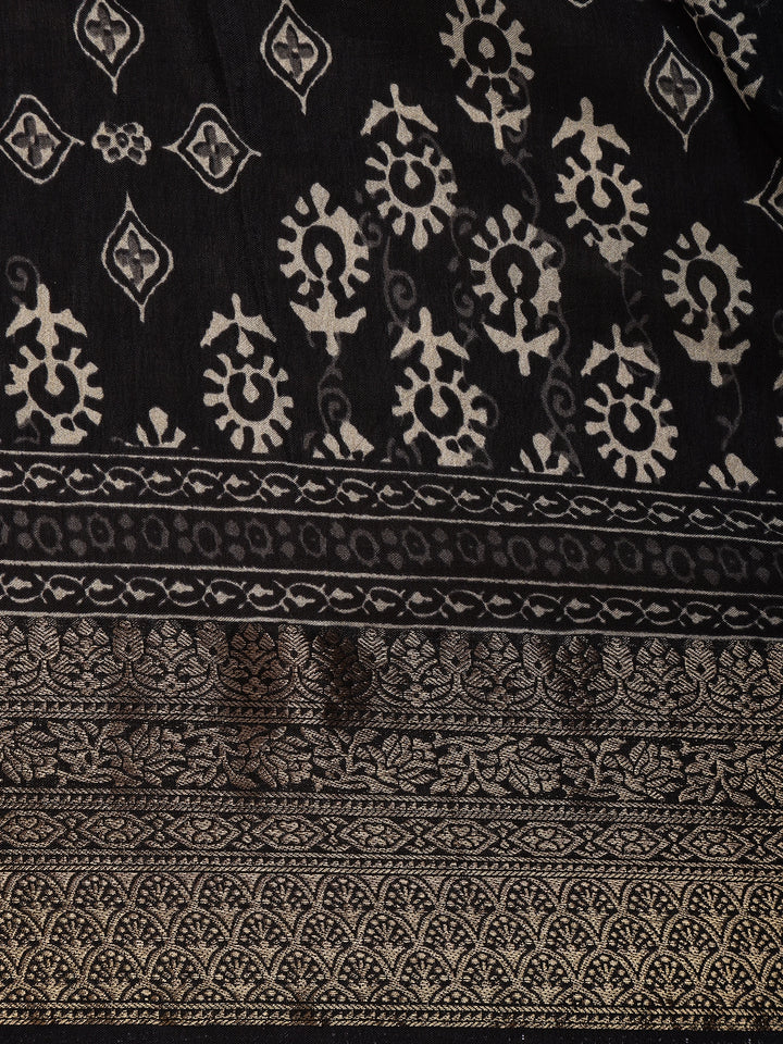 Black Floral Printed Cotton Saree - Diadem