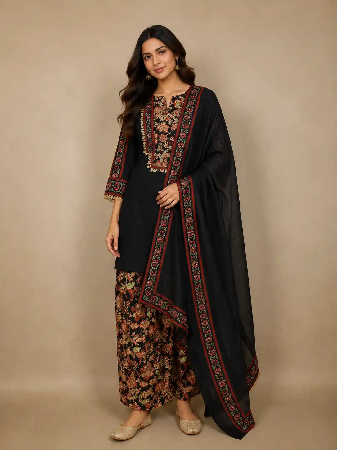 Black Floral Printed Design Cotton Patiala Salwar Suit with Dupatta
