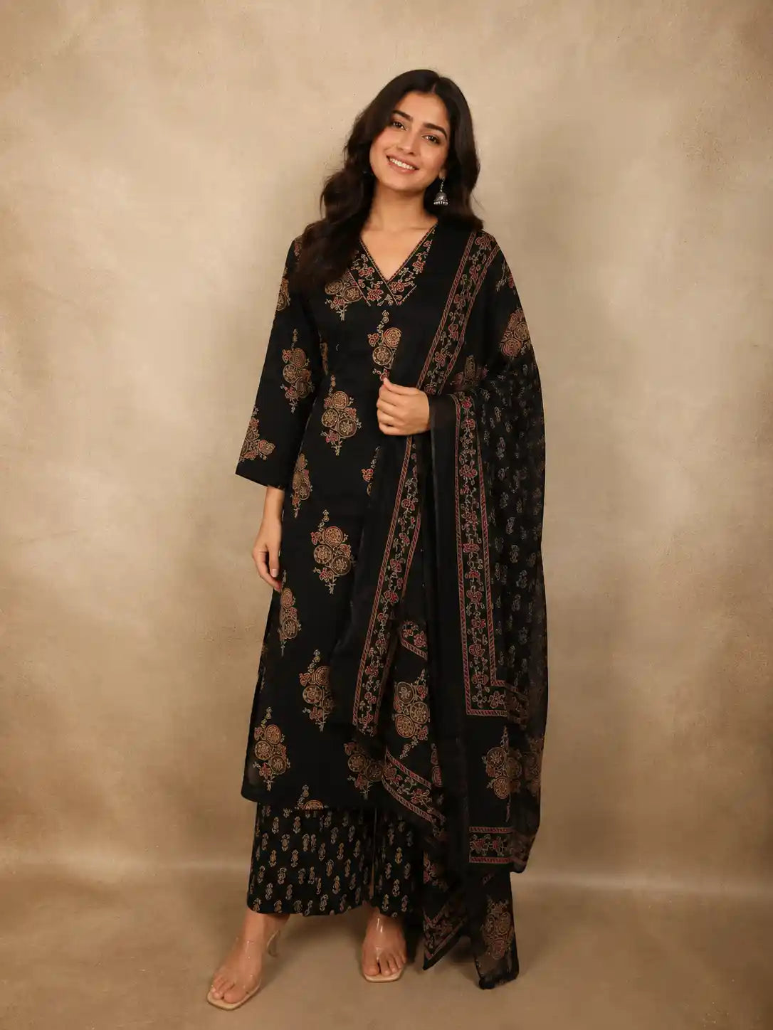 Black Floral Printed Design Cotton Salwar Suit with Dupatta