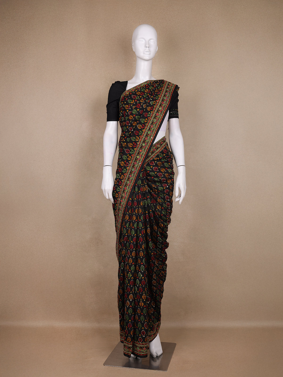 Black Floral Printed Kantha Work Chanderi Cotton Saree - Diadem
