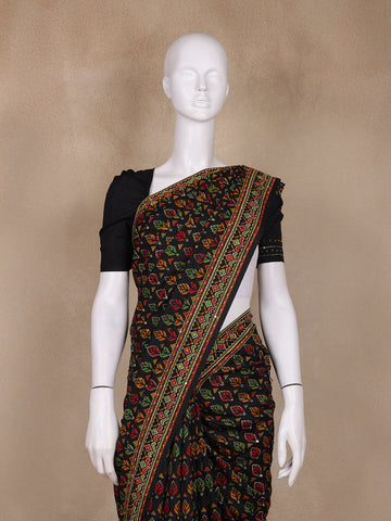 Black Floral Printed Kantha Work Chanderi Cotton Saree - Diadem