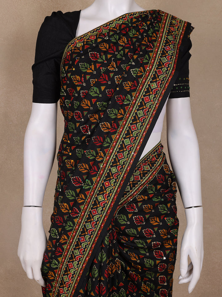 Black Floral Printed Kantha Work Chanderi Cotton Saree - Diadem