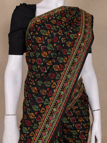 Black Floral Printed Kantha Work Chanderi Cotton Saree - Diadem