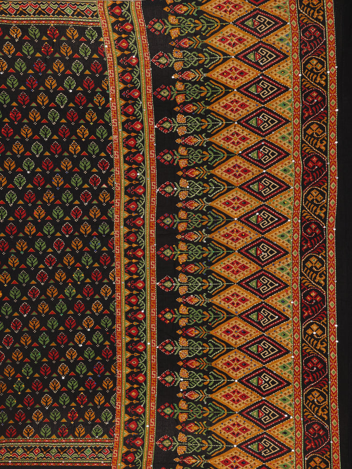 Black Floral Printed Kantha Work Chanderi Cotton Saree - Diadem