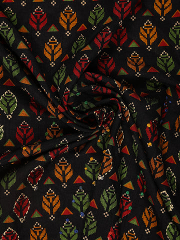 Black Floral Printed Kantha Work Chanderi Cotton Saree - Diadem